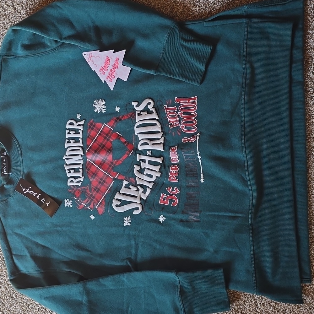 Joei & I Green Reindeer Sleigh Rides Sweatshirt sz M